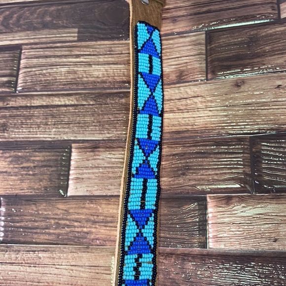 Hand Beaded Leather Belt unisex Small Blue/Black/ Brown - Picture 6 of 12